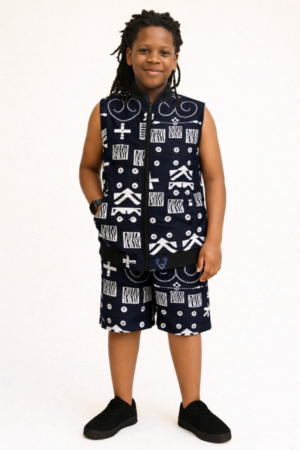 Boys 2 Piece African Print Vest Shorts Set Navy White