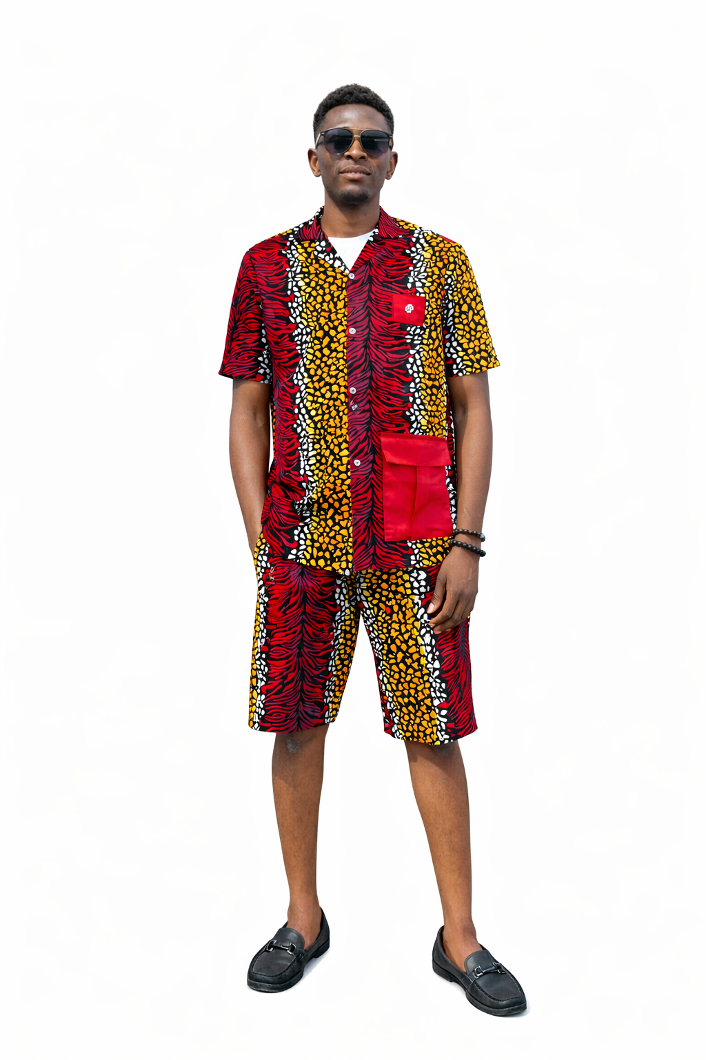 Men's African Ankara 2 Piece Short Set Red Yellow Men's African Ankara 2 Piece Short Set Red Yellow