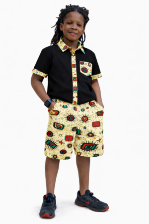 African Kids Boys 2 Piece Shirt Shorts Black Yellow