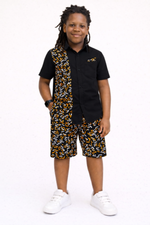 African Print Boys 2 Piece Short Set Black Orange