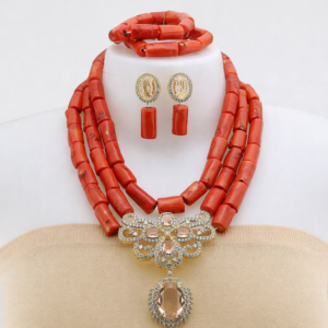 Nigerian Champagne Crystal Royal Coral Bead Jewelry Set