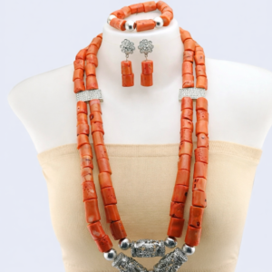Silver Accented Coral Bead Statement Jewelry Set