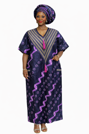 Chic Aso Oke Accent Kampala Print Kaftan With Gele