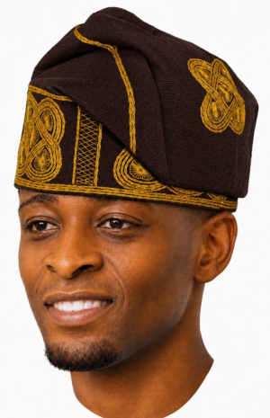 Golden Prestige Brown Embroidered Aso Oke Cap