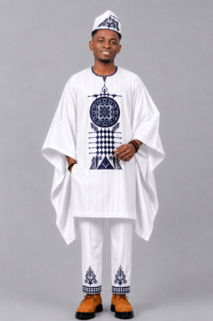Men White 3PC Mini Agbada Embroiderd Outfit